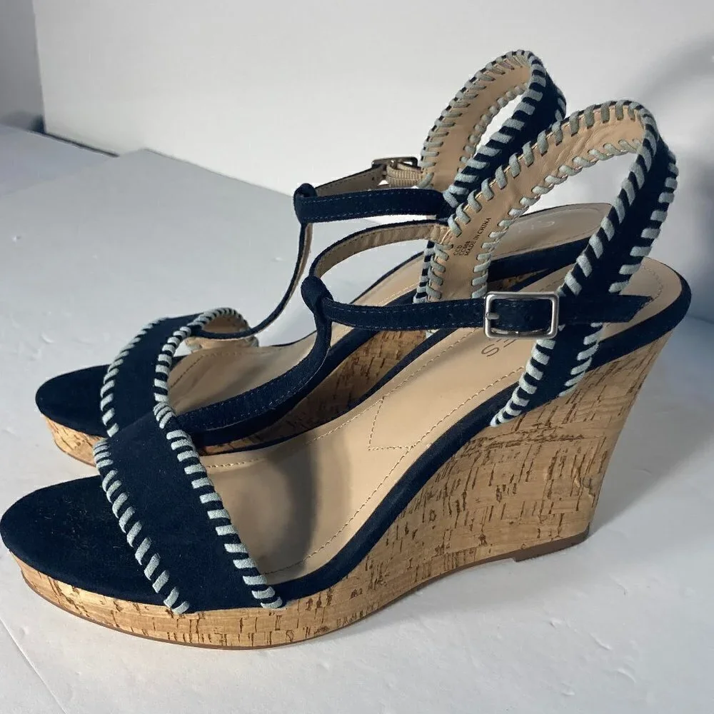 Charles David SZ 9.5 Denim Blue Suede Ankle T-Strap Cork Wedges